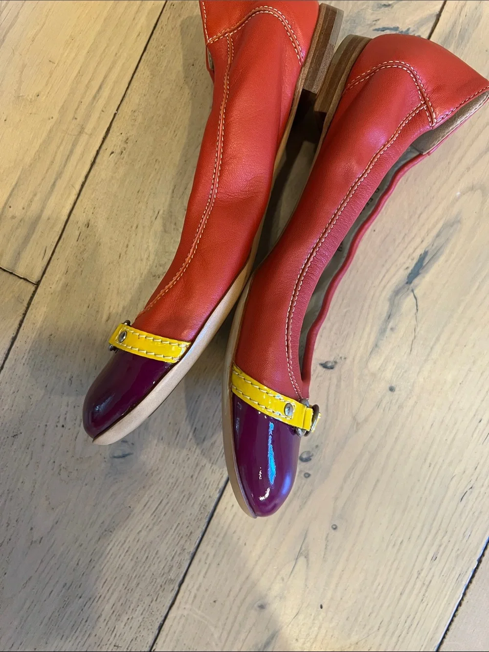 AGL Red Leather Flats with Purple Patent Toe and Yellow Strap